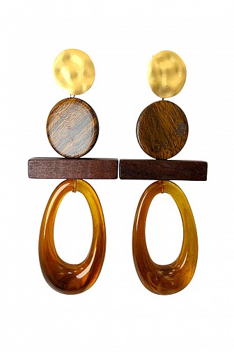 BOHO MIXED WOOD AND AMBER ACRYLIC DANGLE EARRINGS