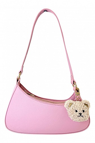 MINIMALIST SAFFIANO SHOULDER BAG WITH TEDDY BEAR CHARM
