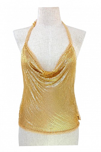 METALLIC MESH COWL NECK HALTER TOP