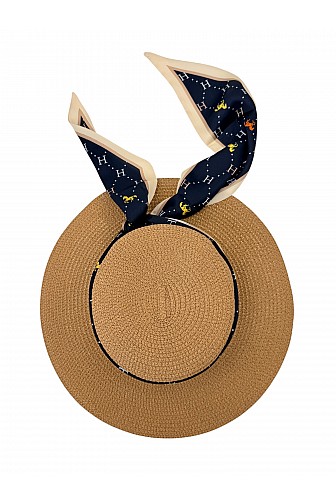 Elegant Scarf-Wrapped Straw Boater Hat