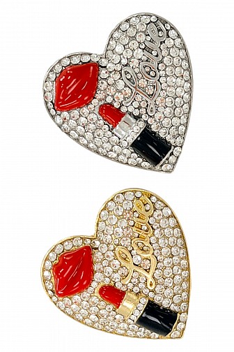 RHINESTONE LOVE HEART LIPSTICK BROOCH