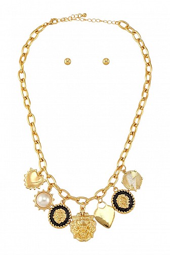 METAL LION AND HEART CHARM CHAIN NECKLACE SET