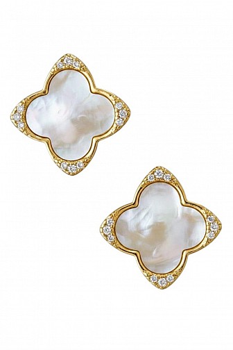 VINTAGE MOTHER OF PEARL RHINESTONE CLOVER STUD EARRINGS
