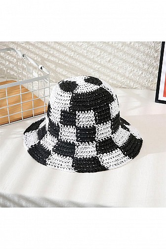 Checkerboard Crochet Straw Bucket Hat