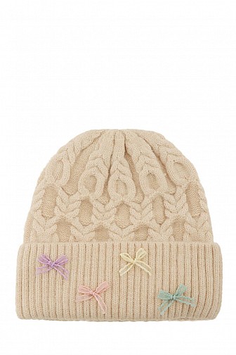 CABLE KNIT BEANIE WITH MINI BOW ACCENT