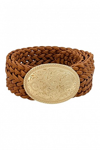 BRAIDED FAUX LEATHER ENGRAVED WESTERN BUCKLE BELT