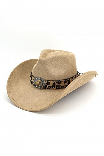 FAUX SUEDE LEOPARD PRINT STUDDED HORSE BUCKLE COWBOY HAT