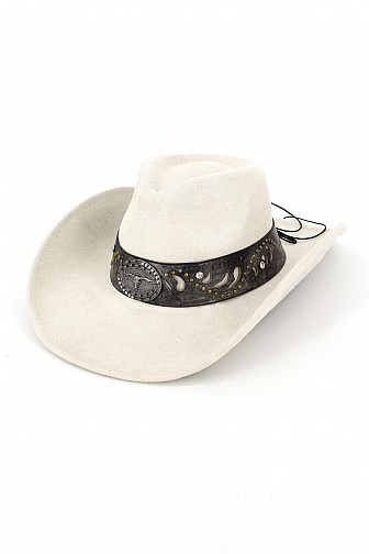 FAUX SUEDE LONGHORN OVAL BUCKLE WESTERN COWBOY HAT