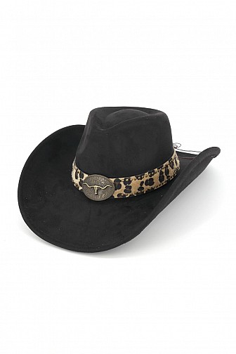 FAUX SUEDE LEOPARD BAND LONGHORN CONCHO COWBOY HAT