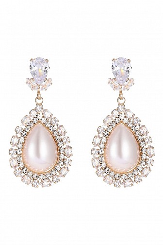 CZ TEARDROP FAUX PEARL HALO DROP EARRINGS