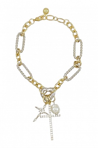 GOLD DIPPED CZ CROSS & PEARL TWO-TONE CHARM BRACELET