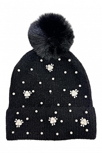 PEARL & RHINESTONE FLOWER POM BEANIE