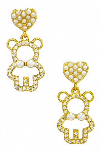 Gold Dipped Pearl Heart & CZ Teddy Bear Drop Earrings