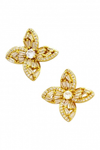 GOLD DIPPED BAGUETTE CZ FLORAL CLOVER STUD EARRINGS