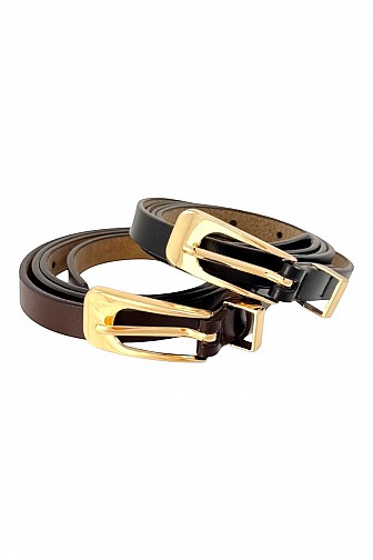 WOMEN''S GENUINE LEATHER SKINNY BELT GOLD BUCKLE