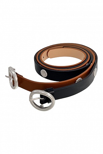 ROUND OVAL BUCKLE STUDDED FAUX LEATHER BELT
