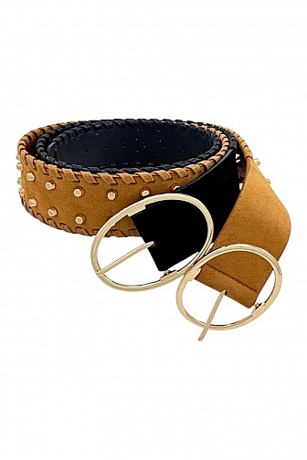 STUDDED FAUX SUEDE OVAL BUCKLE BELT