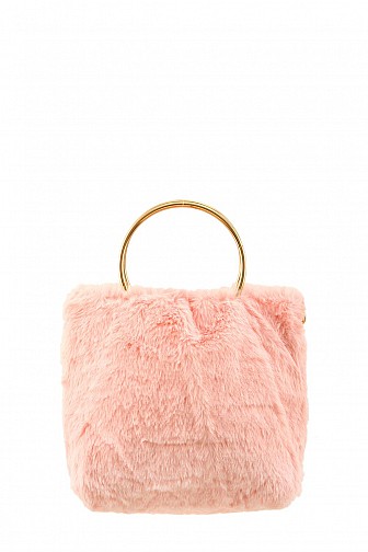 Faux Fur Metal Ring Handle Crossbody Bag