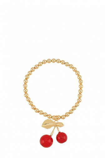 Red Cherry Charm Gold Ball Bead Stretch Bracelet