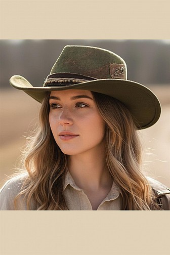 RUSTIC DISTRESSED OLIVE GREEN FELT COWBOY HAT WITH A WOVEN AND BEADED HAT BAND