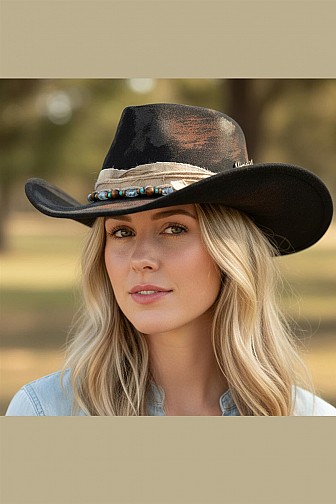 BLACK DISTRESSED FELT COWBOY HAT WITH A BEADED AND NATURAL FABRIC TRIM