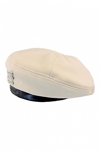 FAUX LEATHER TRIM RHINESTONE ACCENTED WOOL BLEND BERET
