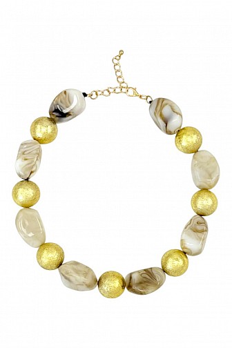MARBLED RESIN & TEXTURED GOLD BEAD STATEMENT NECKLACE