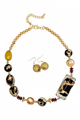 LEOPARD PRINT & MIXED BEAD STATEMENT NECKLACE SET