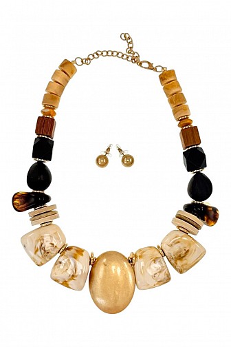 Marbled Resin & Wood Chunky Statement Necklace Set