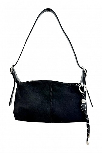 FAUX SUEDE CORD BAG CHARM SHOULDER CROSSBODY BAG