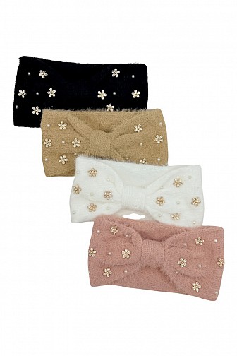 RHINESTONE FLOWER AND PEARL EMBELLISHED FUZZY KNOT HEADBAND