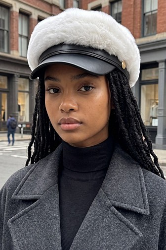 FAUX FUR NEWSBOY CAP WITH FAUX LEATHER BRIM