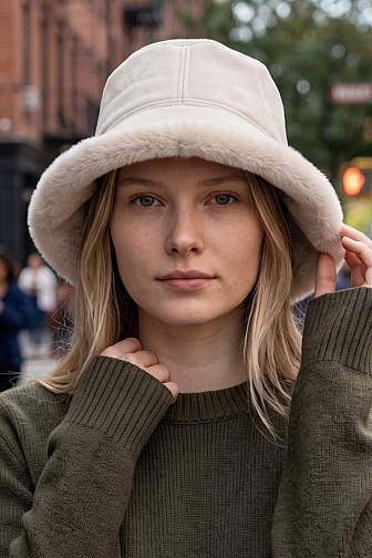FAUX SUEDE CLOCHE BUCKET HAT WITH FUR LINING