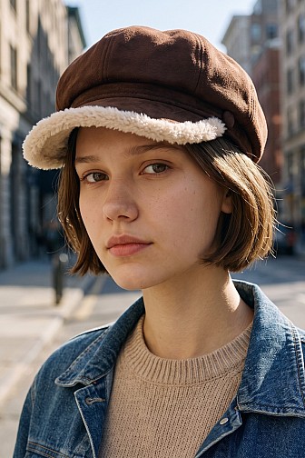 FAUX SUEDE NEWSBOY CAP WITH FUR TRIM BRIM