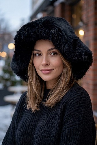 PLUSH FUR WIDE BRIM BUCKET HAT