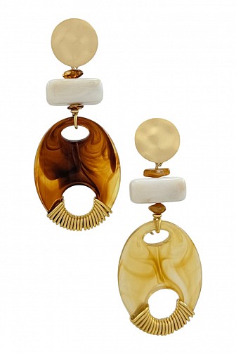 TORTOISE RESIN OVAL WIRE-WRAPPED STATEMENT DROP EARRINGS