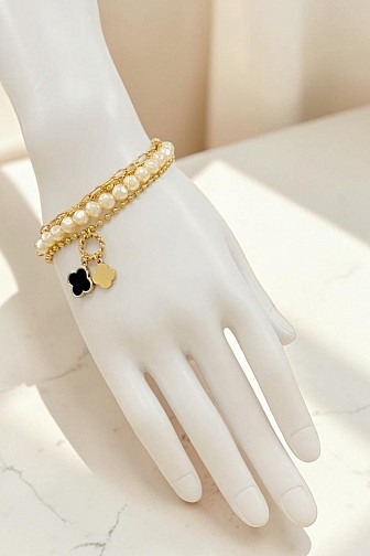 GOLD DIPPED LAYERED PEARL CLOVER CHARM BRACELET
