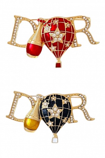 HOT AIR BALLOON & LETTER MOTIF RHINESTONE BROOCH PIN