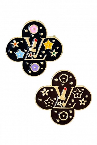 QUATREFOIL ENAMEL LV & LIPSTICK BROOCH PIN