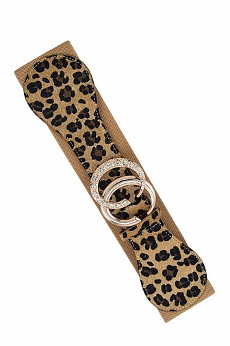 RHINESTONE ACCENT DOUBLE C BUCKLE LEOPARD ELASTIC BELT