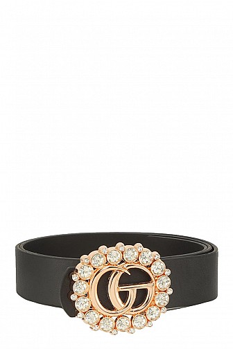 Rhinestone Sunburst Initial Buckle Faux Leather Belt