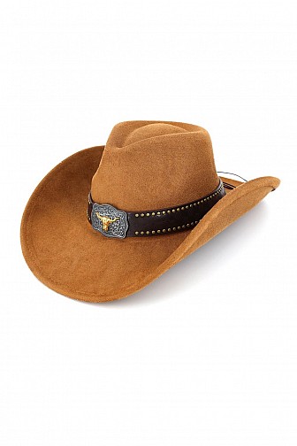 FAUX SUEDE WESTERN COWBOY HAT WITH LONGHORN BAND