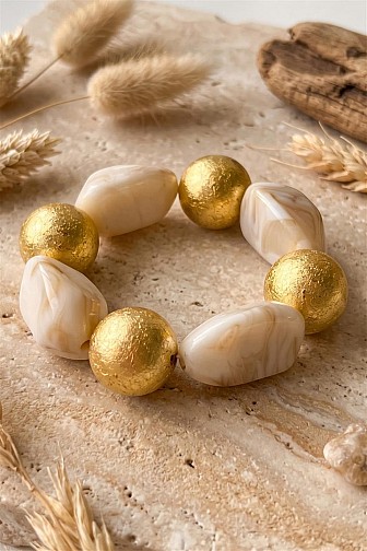 CHUNKY GOLD LEAF BALL RESIN BEAD STRETCH BRACELET