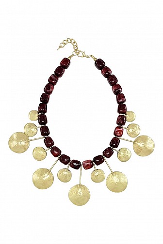 BOHO CHUNKY RESIN BEAD HAMMERED DISC COLLAR NECKLACE