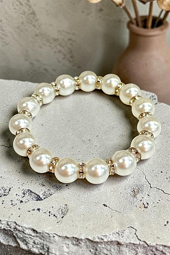 CHUNKY FAUX PEARL RHINESTONE RONDELLE STRETCH BRACELET