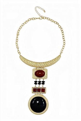 HAMMERED GOLD RESIN CABOCHON DROP COLLAR NECKLACE