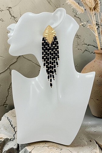 HAMMERED LEAF BEADED WATERFALL FRINGE DANGLE EARRINGS