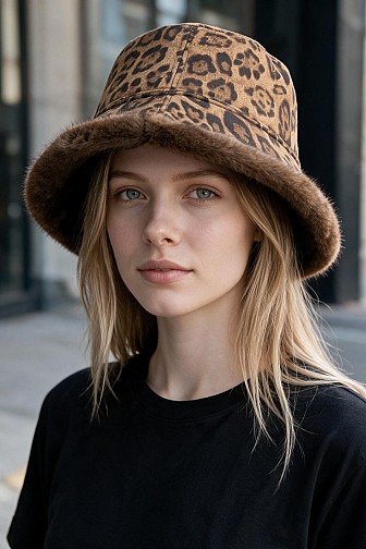 FAUX FUR TRIM LEOPARD PRINT SUEDE BUCKET HAT