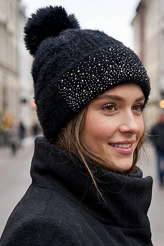 RHINESTONE CUFF POM POM KNIT BEANIE WINTER HAT