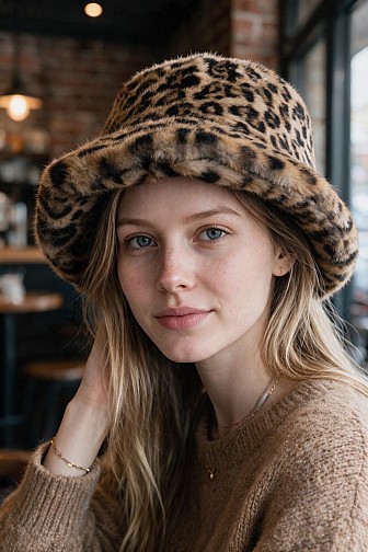 PLUSH LEOPARD FAUX FUR FLUFFY WINTER BUCKET HAT